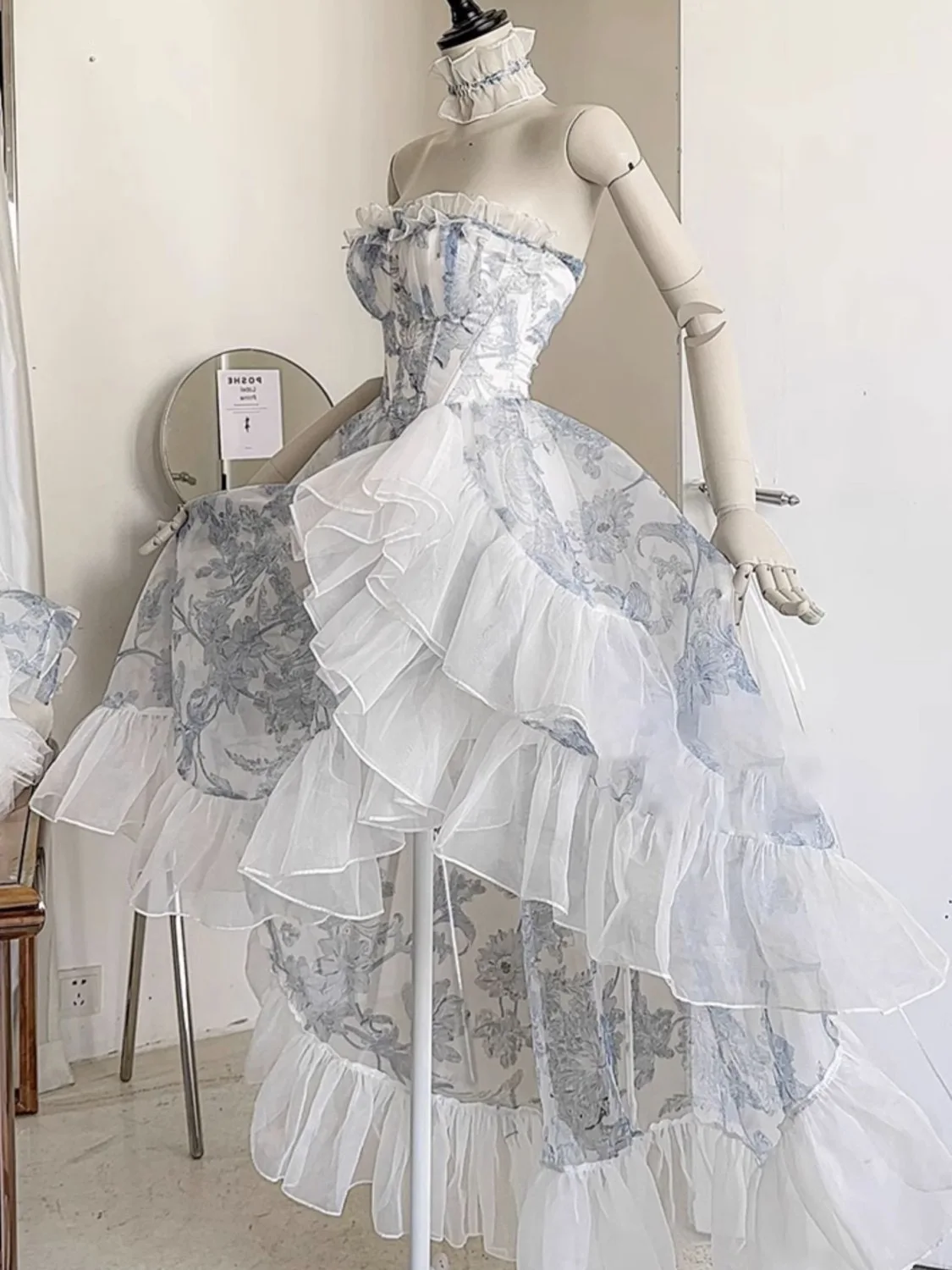 Blauwe bloemenprint ter Vintage Dr dames zomer Vaion Princ Sle lange rok Tagkita merk No Sve onregelmatige zoom