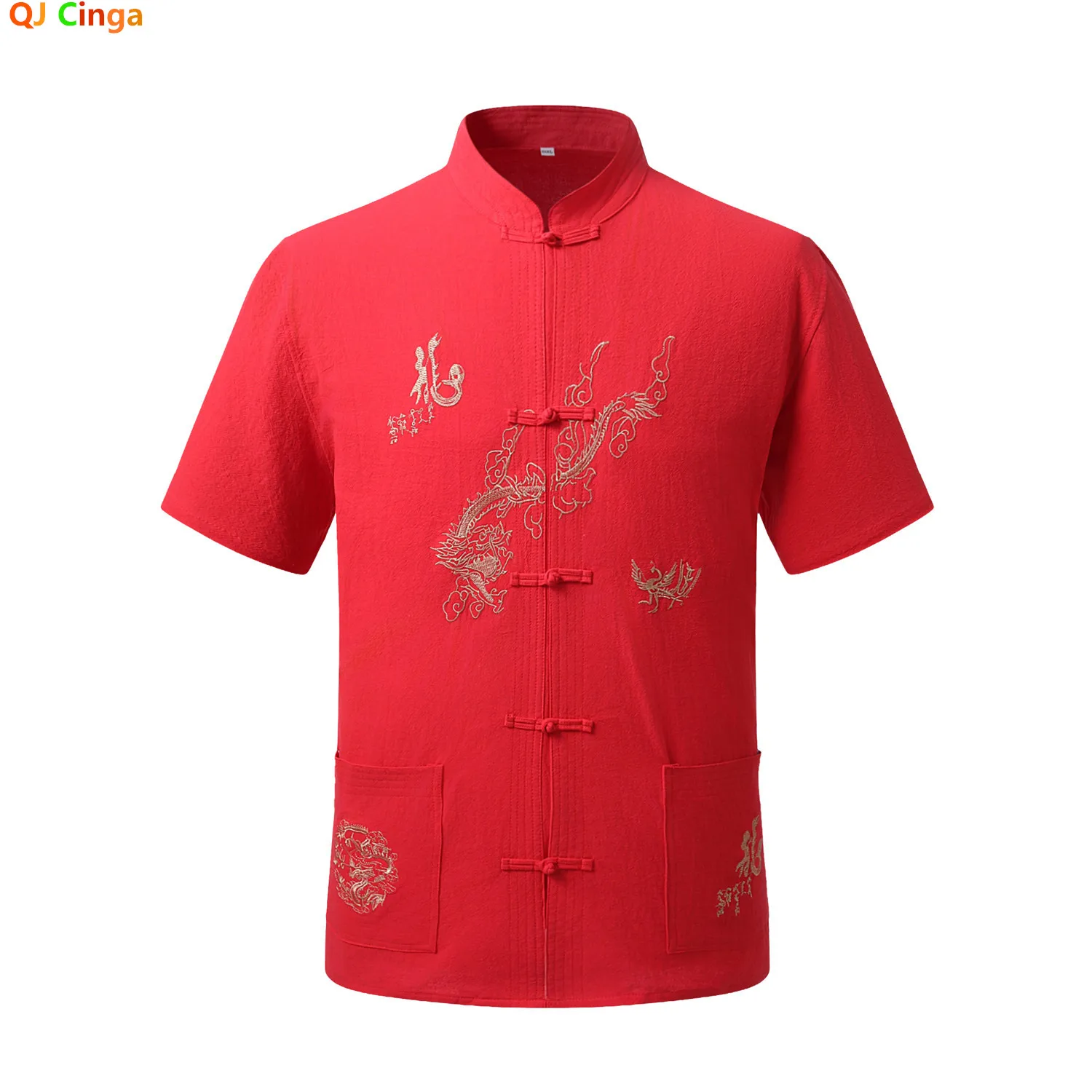 Men's Red Short-sleeve Cotton Shirt for Spring and Summer; Chinese-style Single-breasted Embroidered Shirts. 2027