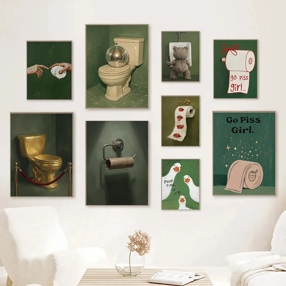 (No frame)1pcsHumorous Luxe Bathroom Poster Empty Toilet Paper Red Lips Funny Teddy Bear Prints Canvas Painting Wall Pictures