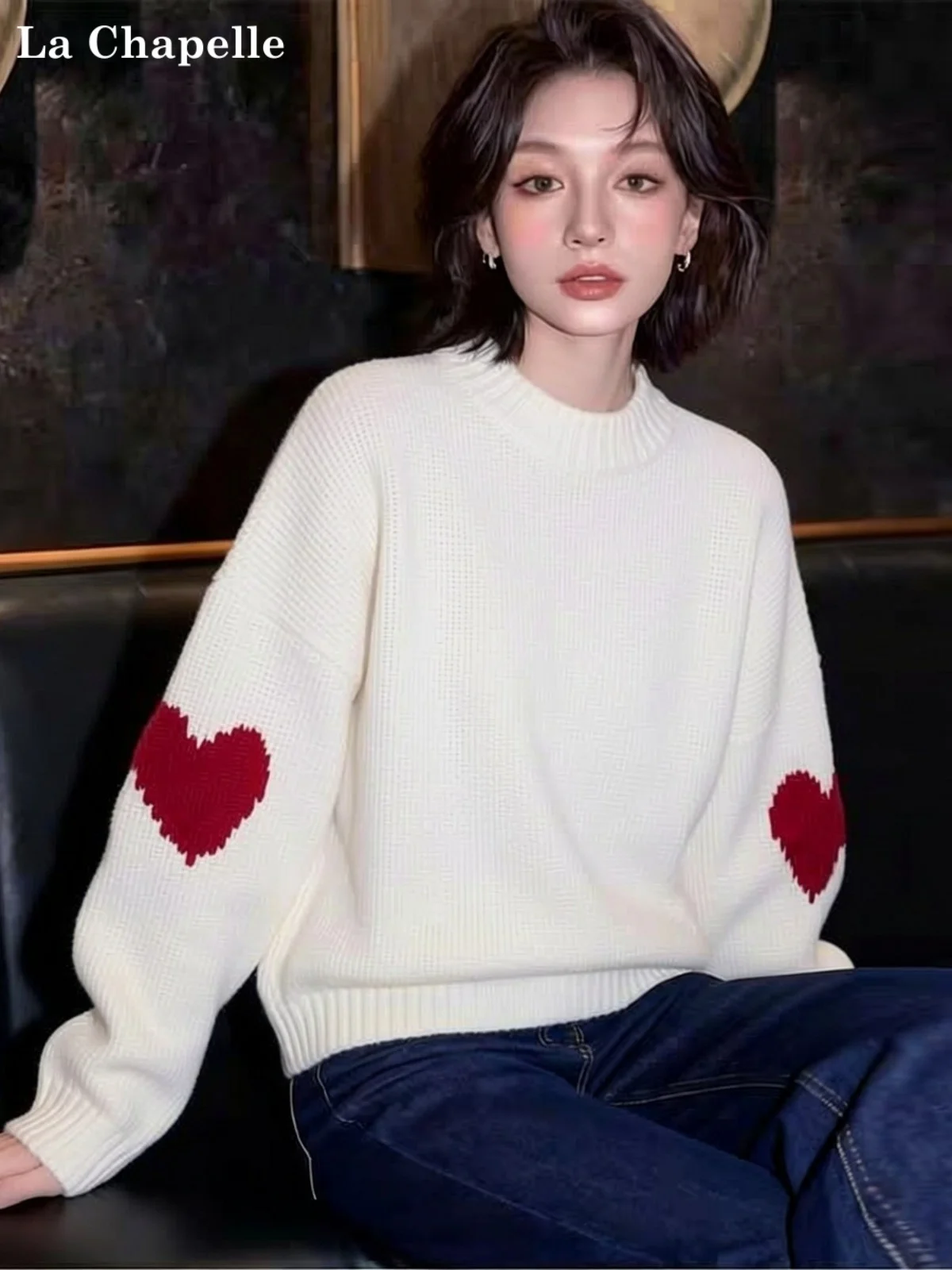

La Chapelle Women's White Knitted Sweater Embroidered Heart Design Spring Autumn Winter Warm Fing Base Layer Long Sve