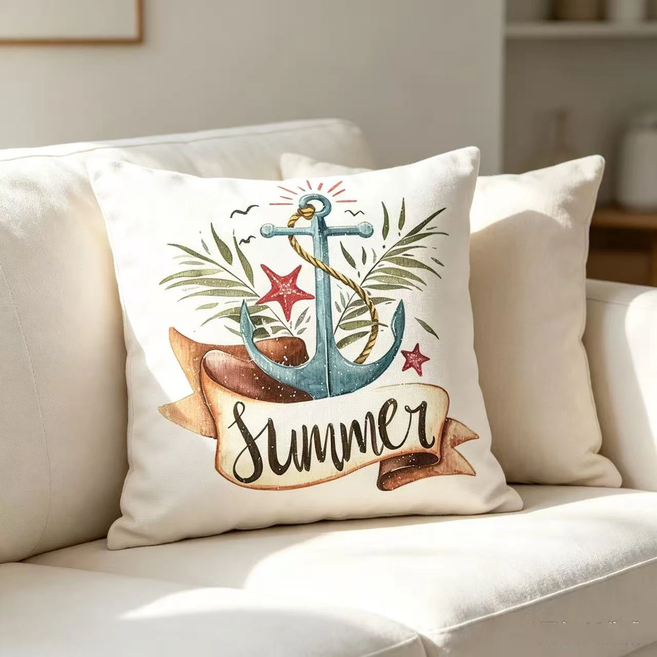 Summer Coastal Beach Whale Throw Pillow Case Decorative Pillowcase Living Room Sofa Office Seat Cushion Cover Home Gift Decor