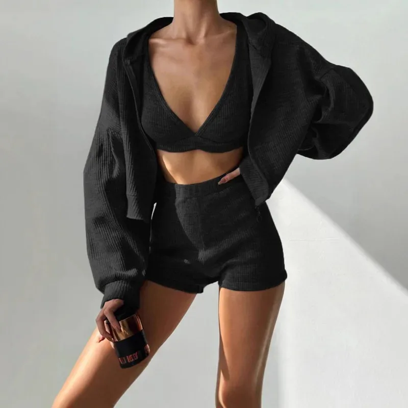 

Женский осенний удобный короткий топ, комплект из трех предметов, 2025 пикантных девушек, спортивный и досуг, комплект с капюшоном на молнии для спорта и отдыха