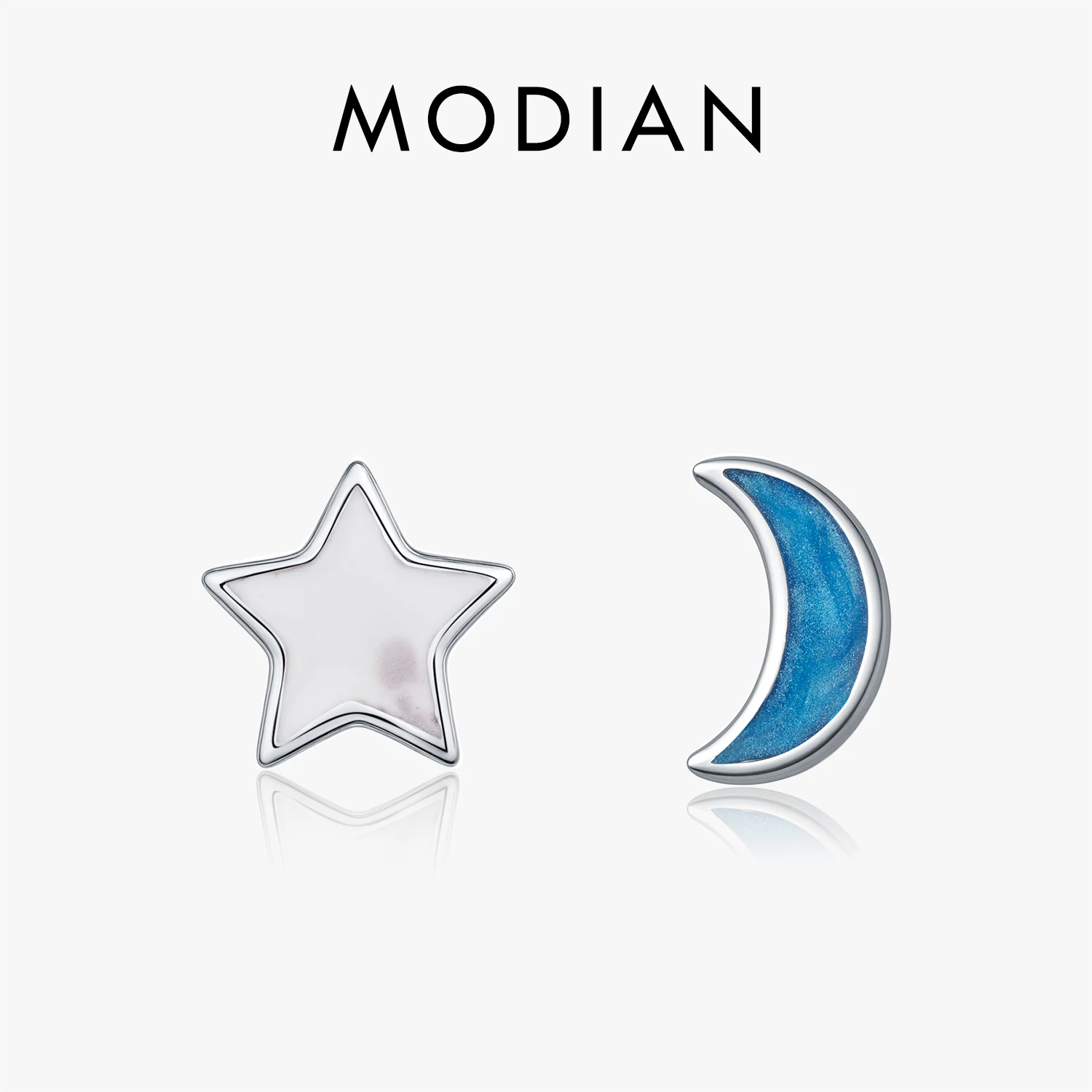 MODIAN 925 Sterling Silver Delicate Cute Blue Enamel Moon & Star Asymmetrical Stud Earrings For Women Fine Jewelry