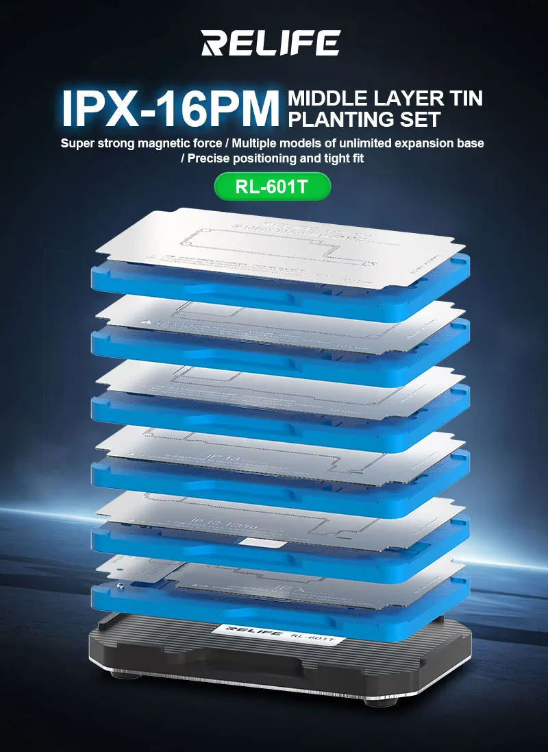 RELIFE RL-601T 25 en 1 iPhone X ~ 16 Pro Max Carte Mère Middle Layer Board Plant 18/Plateforme 3D BGA Reballing Stbbles Kit