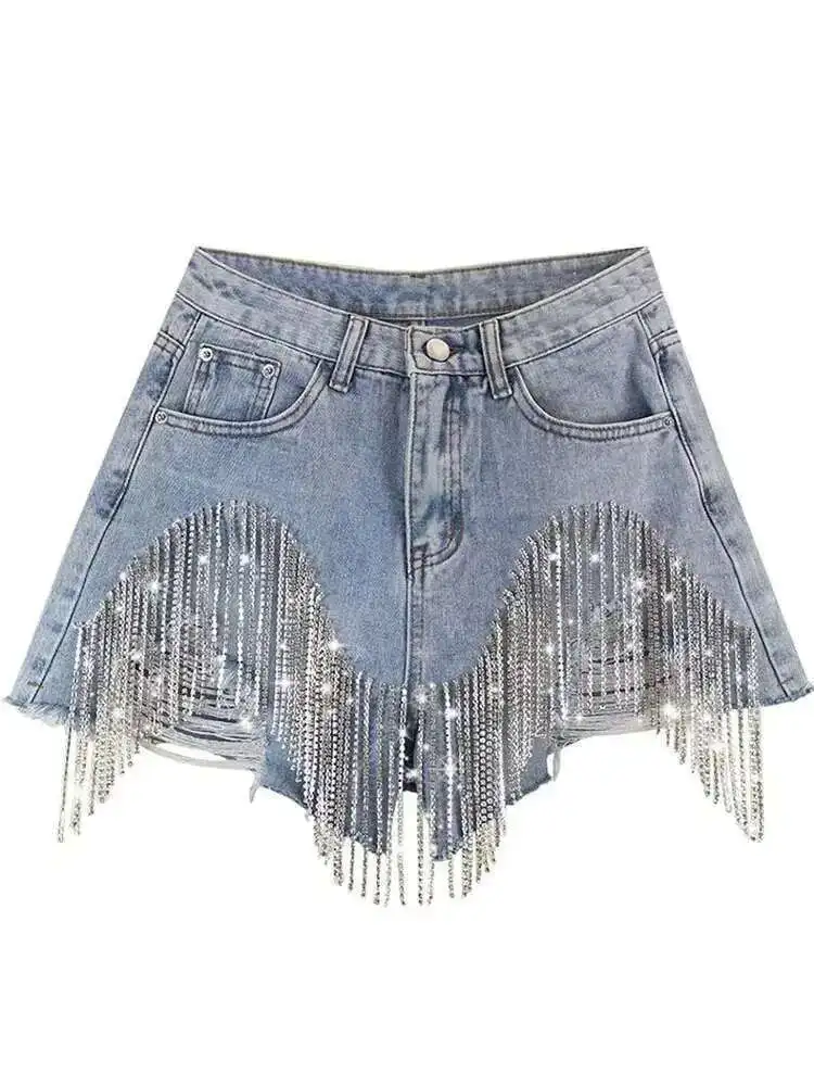 

Luxury Diamond Chain Tassel Edge High Waist Straight Wide Leg Denim Shorts Blue Pant For Women Spring Summer