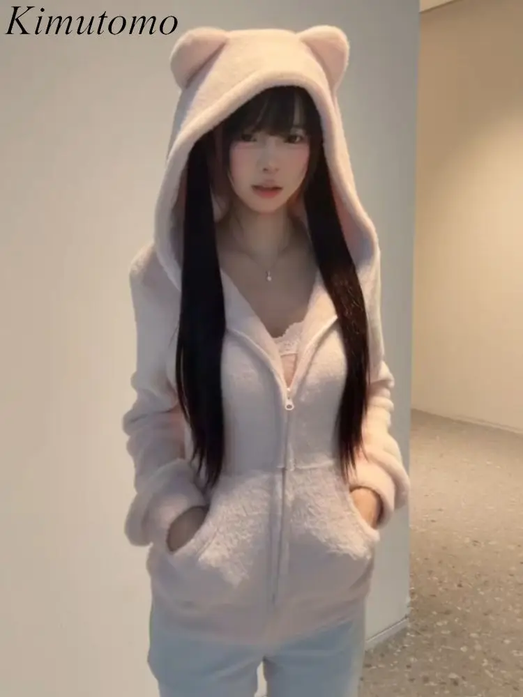 

Kimutomo Hoodies Women Bear Ears Furry Vintage Outwear Autumn Winter Fashion Jackets Sweet Pockets Y2k Harajuku Sweatshirts