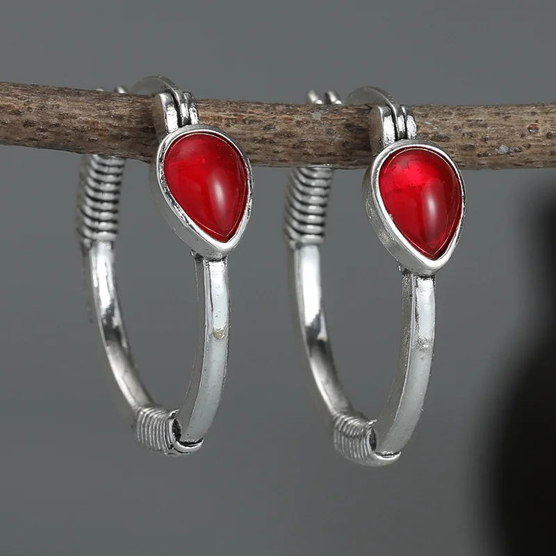 

Vintage Boho Red Color Stone Earrings for Women Party Retro Hoop Dangler Earrings 2023 Trend New Ear Jewelry Accessories