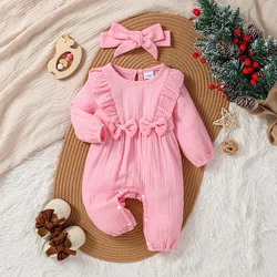 1-18M 2024 Baby Girls Honey Solid Spring/Autumn Pink Cotton Dressy Jumpsuit  With Bow +Hair Band