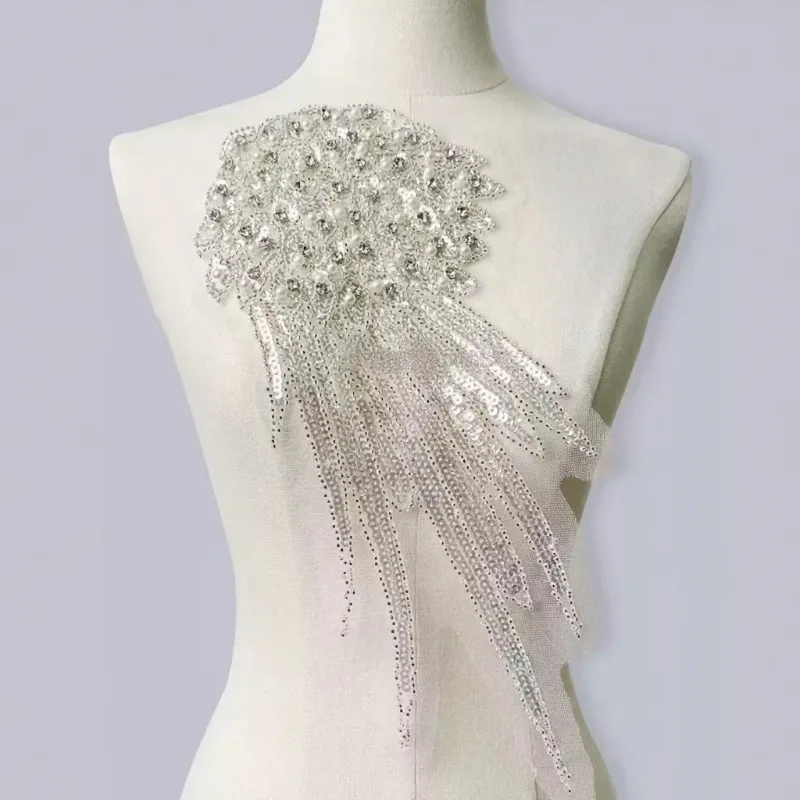 1 Pair Large Heavy Duty Handmade Angel Wings with Rhinestones Pearls Seed Beads Sequins for Bridal Gowns
