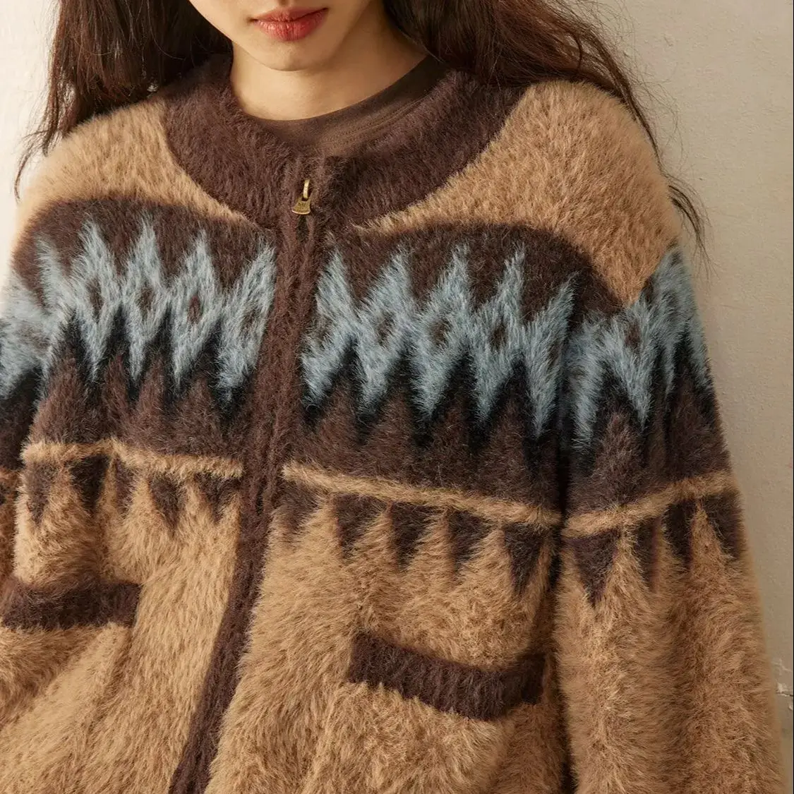 

Retro Knitted Cardigan Sweater Autumn Winter Fair Isle Round Neck Lazy Style Long-Sleeved Short Coat Temperament