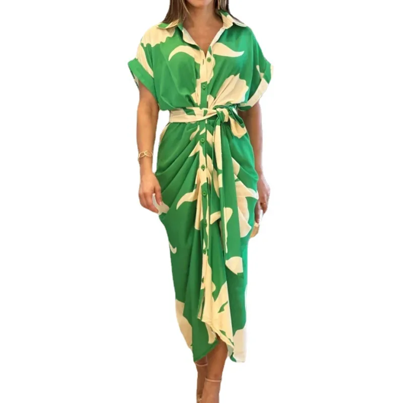 

2025 New Fashion Printed Ruffle Button Dress Women Summer Casual Loose Lace-up Horn Sleeve Dress For Women Home-based Skirt