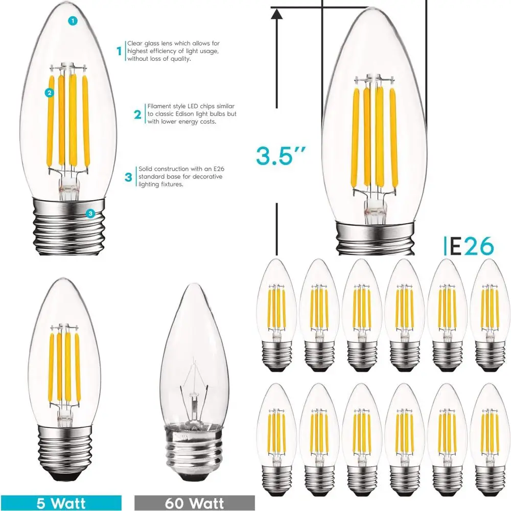 

Набор из 12 светодиодных ламп E26, эквивалентных 60 Вт, 550 люмен, 2700K, теплый белый свет, с регулируемой яркостью, прозрачное стекло, в стиле Эдисона