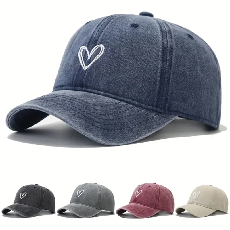 

Spring Summer Hat Female Embroidered Heart Wash Denim Baseball Hat Casual Korean Version Thin Couple Soft Top Duck Hat Male