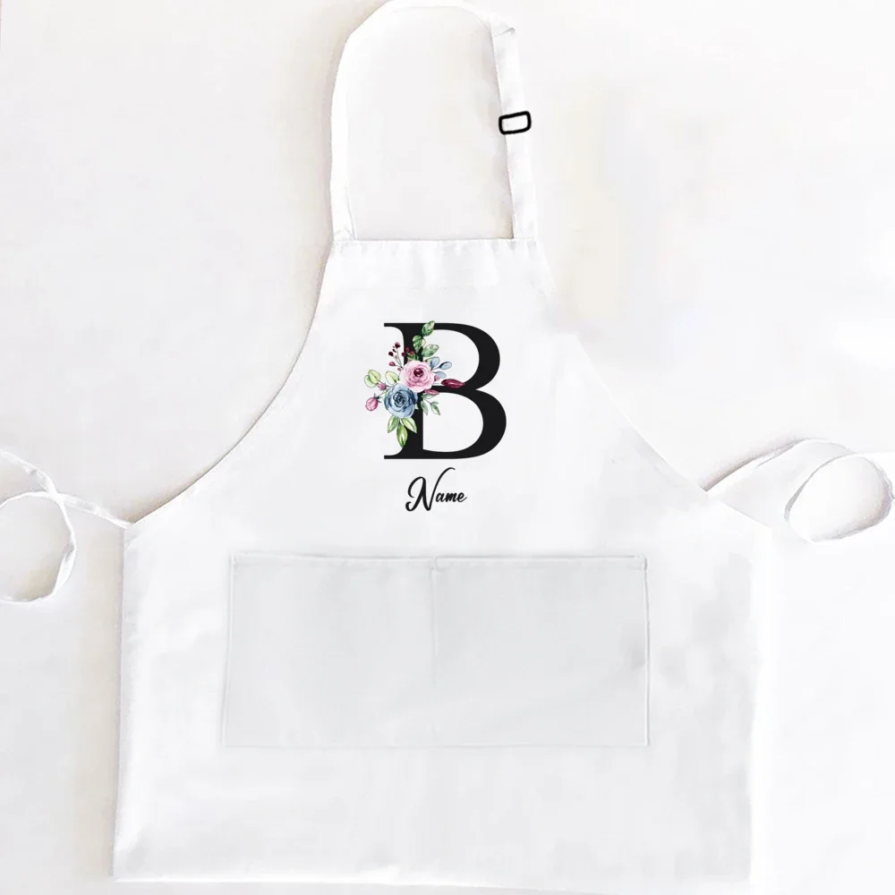 Personalized Kitchen Aprons Floral Initial W/Name Customized Women Cooking Apron W/Pockets Custom Chef White Gifts for Baking