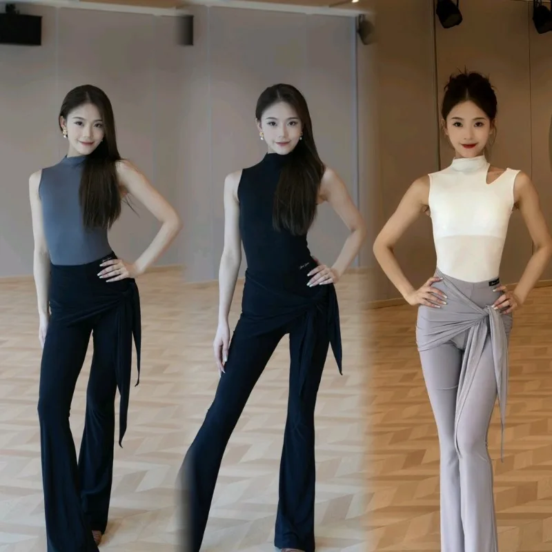 customized Latin dance dress practice outfit performance clothes teaching class black white gray sleeveless top flared pants
