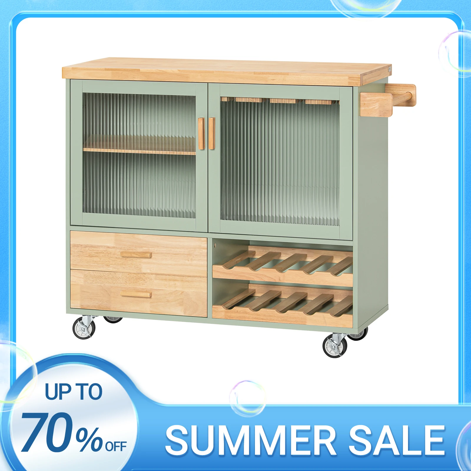 SoBuy FKW114 Isla de cocina móvil sobre ruedas con 2 puertas de cristal, carrito de cocina con plato para el comedor, 109×92×40