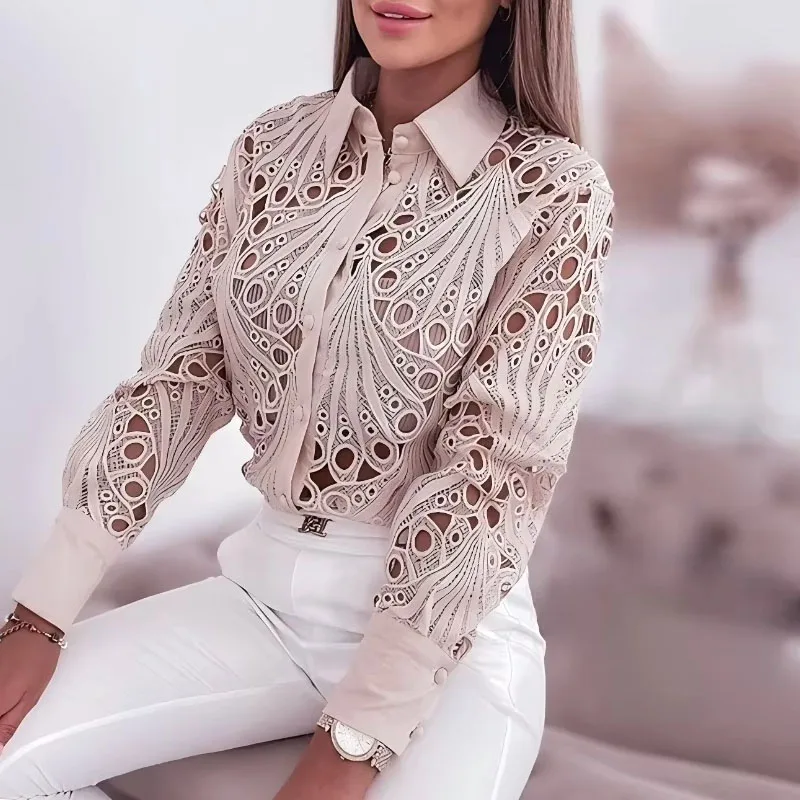 

Fashion White Long Sleeve Women Shirt Turn Down Collar Lace Hollow Out Shirt Blouse Women Tops 2025 Camisas De Mujer Blusas Q211