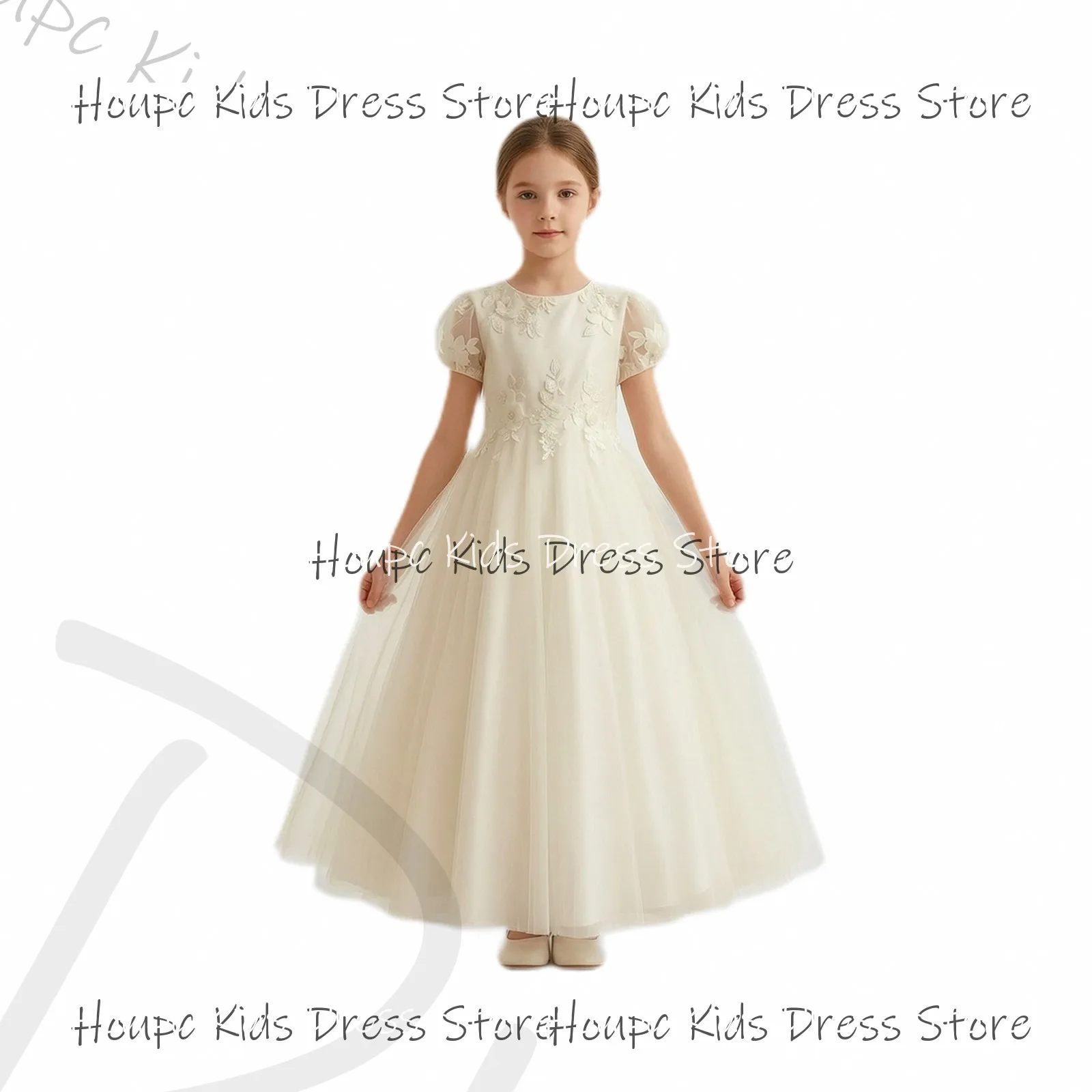 Custom Flower Girl Dresses A-Line Tulle Satin Floral Applique Elegant Wedding Birthday Party, Evening Party, Prom Dresses