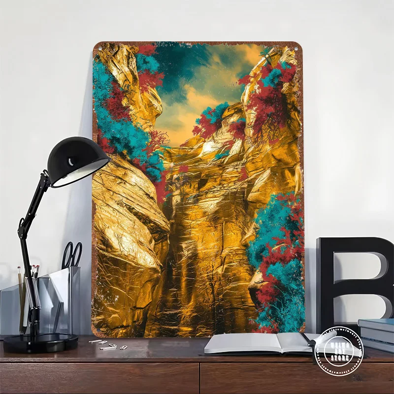 Golden Canyon With Colorful Flora Tinplate Poster Custom Wall Art Vintage Metal Signs Retro Tin Plaque for Room Accessories Bar