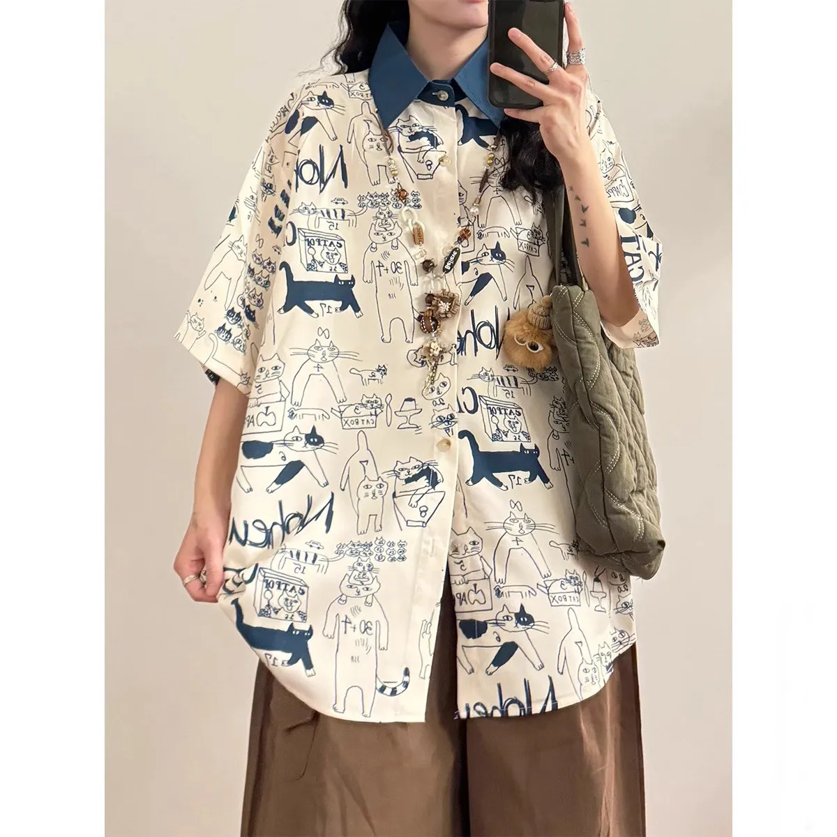 Retro Japanese Cartoon Print Loose Casual Short Sleeve Shirt Unisex Summer College Style Fashionable Versatile Leisure Top