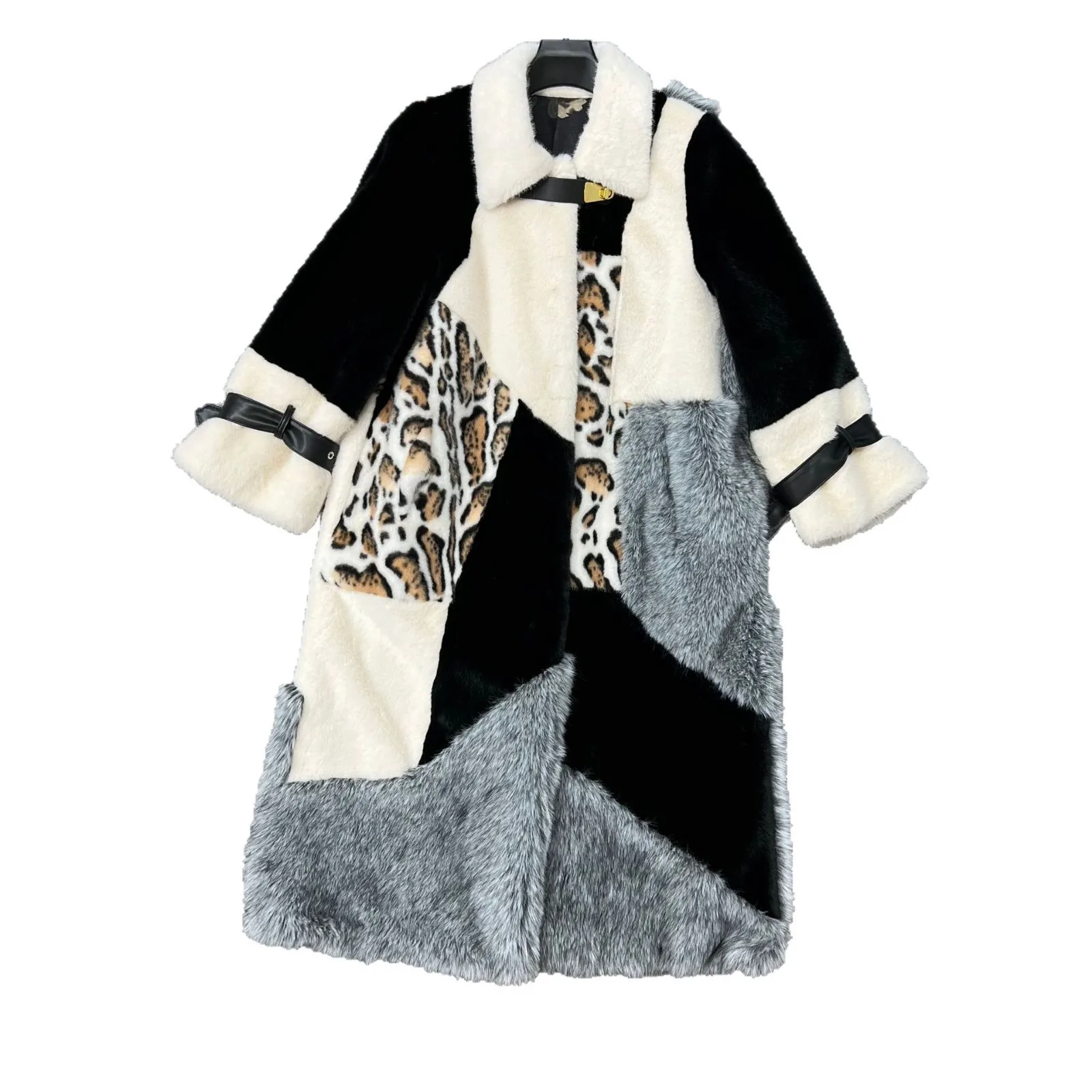 2025 Winter New Leopard Print Color-Block Long Faux Fur Coat for Women Fashion Thickened Warm Overcoat Fluffy Jacket