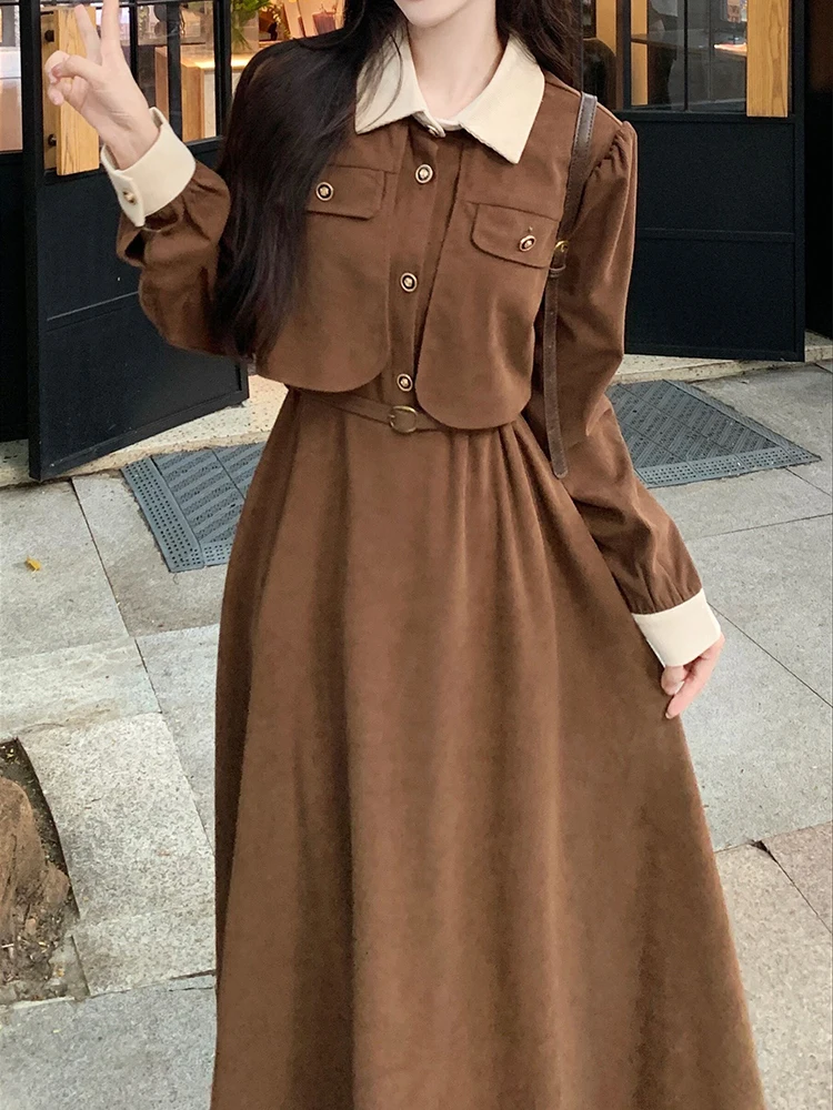 2023 Fall And Winter French Temperament Hepburn Style Fake Two-Piece DressFemale Retro Senior Sense Of Waist Thin Mid-Length