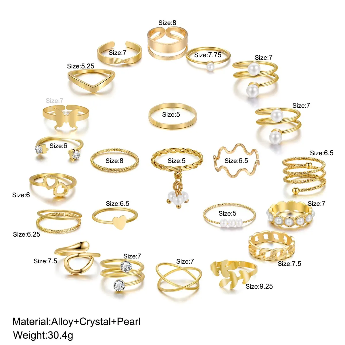 22 Sets Of Ladies Jewelry European And American New Creative Simple Temperament Spiral Fake-pearl Love Ring Gold-color image 6