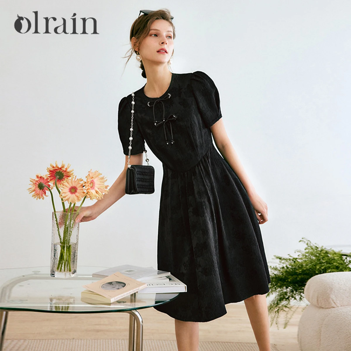 

OLrain 2026 Summer Chinese Style Black Jacquard Womens Dresses Chic Frog Button A-line Puff Sleeve Mid-length Dress O22XL01836