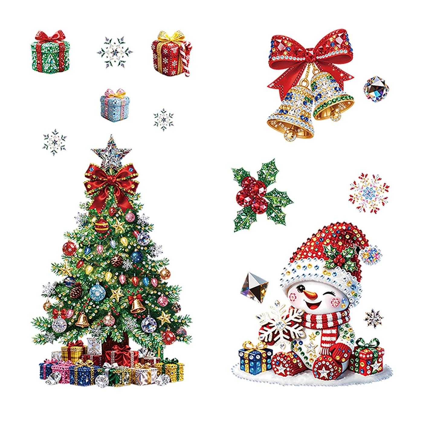 Christmas Tree Snowman Static Glass Stickers, Shiny Rhinestone Window Decals for Shop Mall