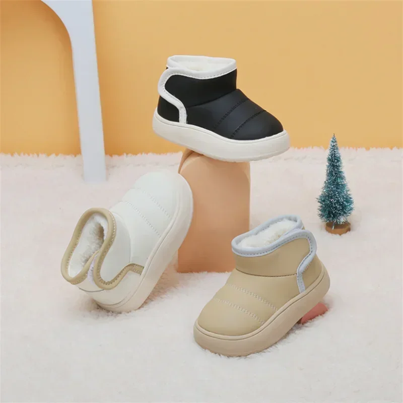 2024 Winter Warm Snow Boots Kids Leather Plush Ankle Boots Boys Girls Soft Sole Cotton Shoes Baby Fashion Toddler Infant Shoes