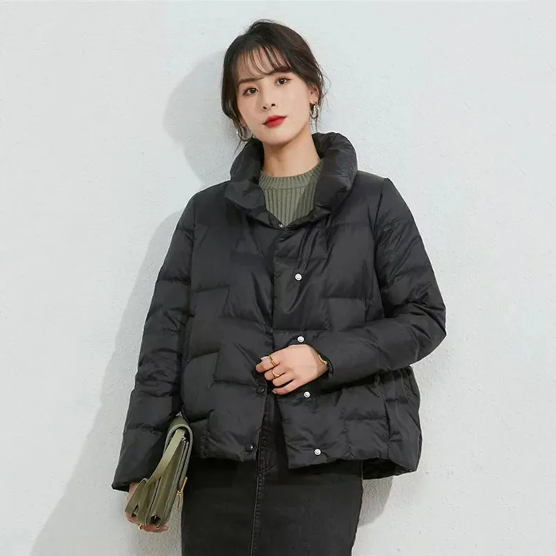 Warm Stand Collar Down Coat Women Light Thin White Duck Down Jacket Parka Ladies Single breasted Short Puffer Outwears Winter