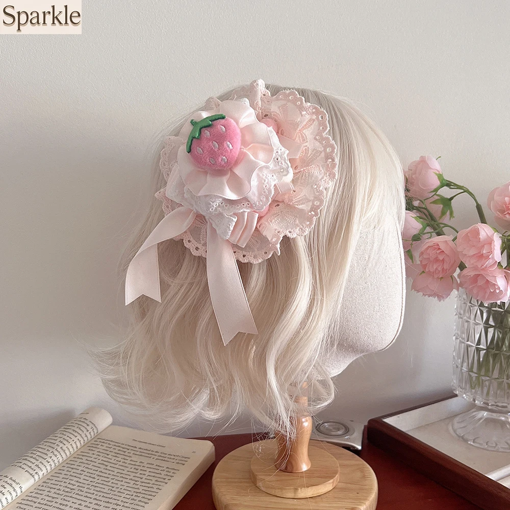 

Handmade Lolita Strawberry Cake Bowknot Mini Top Hat Hair Clip Pink Cute Princess-Style Hair Accessory Sweet Hairwear HairPin