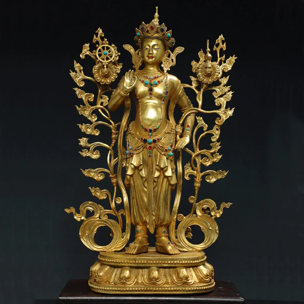 Large Green Tara Standing Tibetan Tantric Statue Pure Copper Gold Plated Home Altar Vintage Decor Craft