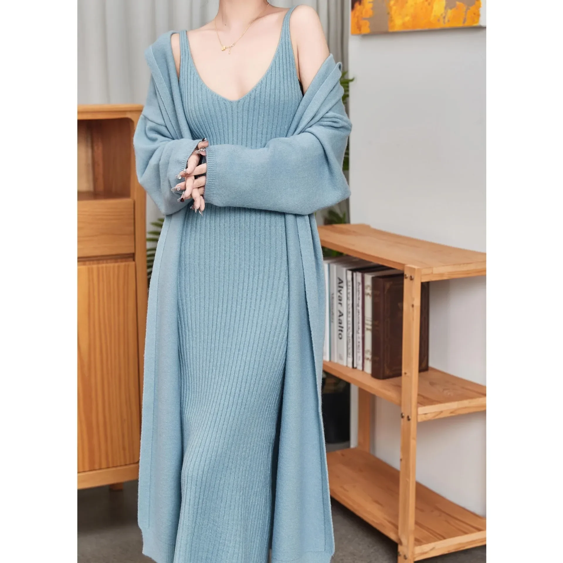 

Women's Long Loose Hooded Knit Cardigan and Slip Dress, Two-Piece Set, Casual Sweaters, Autumn and Winter Clothes, Solid, Fashio