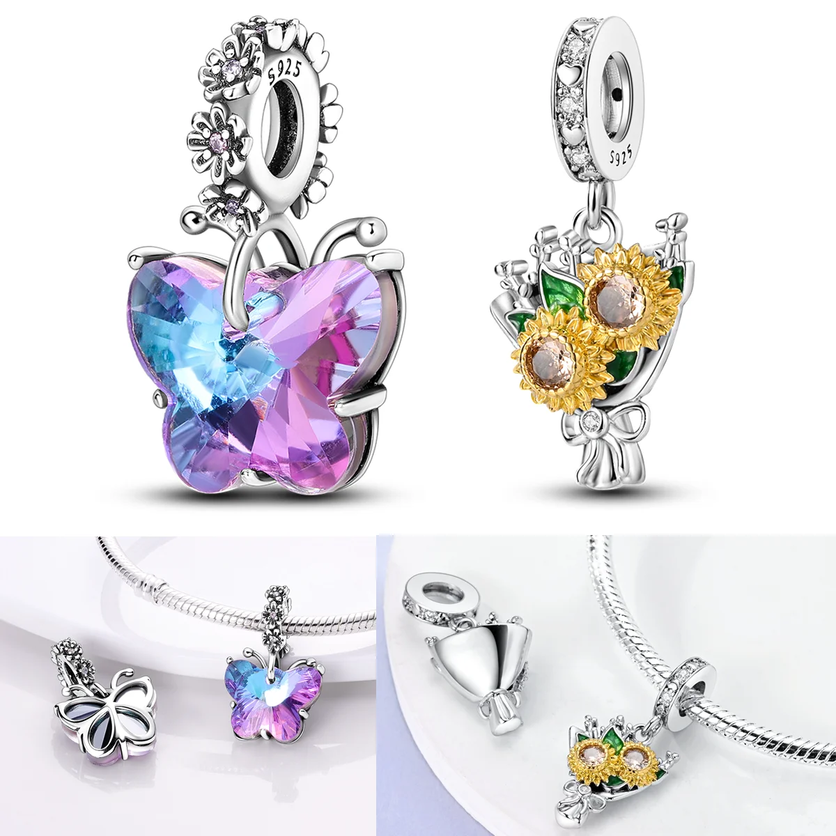 

925 Sterling Silver Purple Butterfly Charms Bead CZ Zircon Sunflower Bouquet Dangle Fit Original Bracelet DIY Women Jewelry