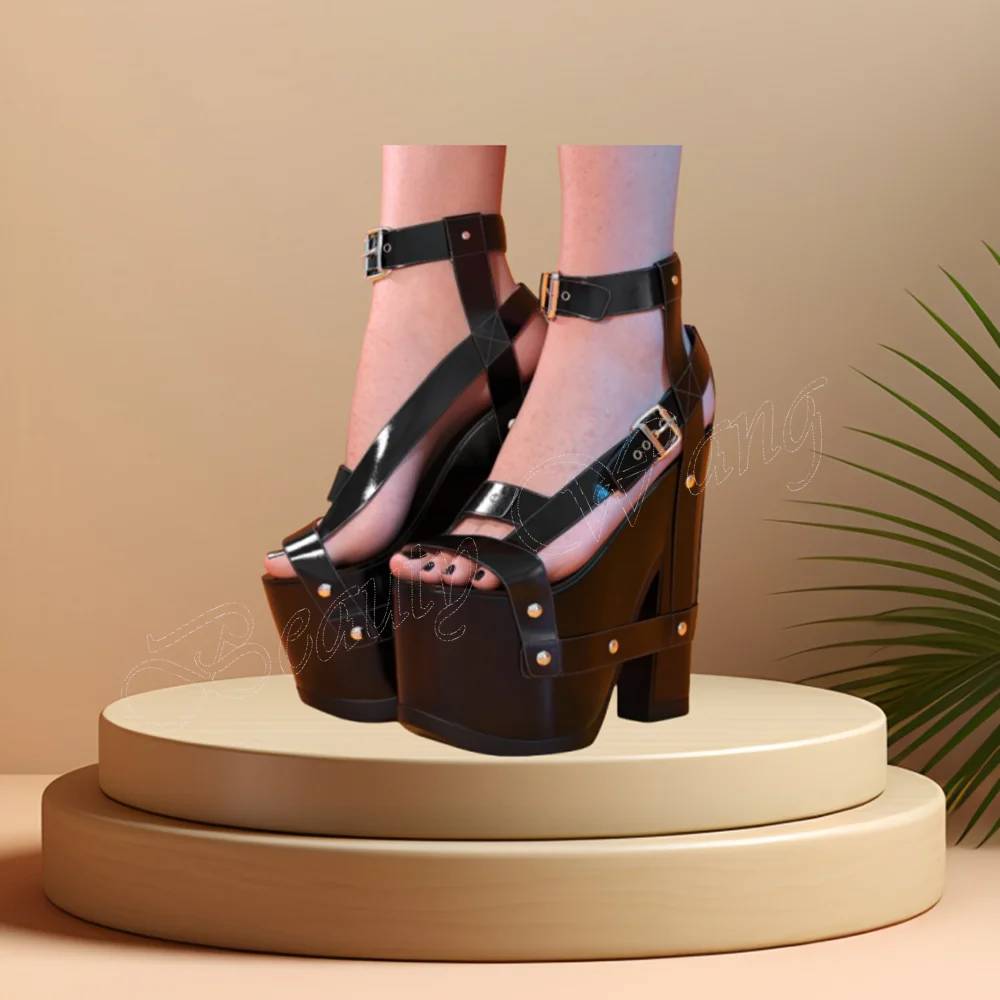 Black Belt Decor Platform Sandals Thick Heel Round Toe Ankle Buckle High Heel Shoes for Women High Heel 2024 Zapatillas Mujer