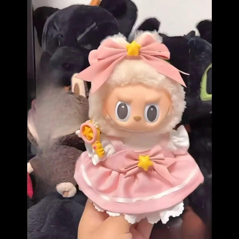 

17cm Labubu Clothes Outfit Accessories For Labubu Clothing Bow Hairpin Magic Stick Sakura Dress Four-piece Set Kids Gift