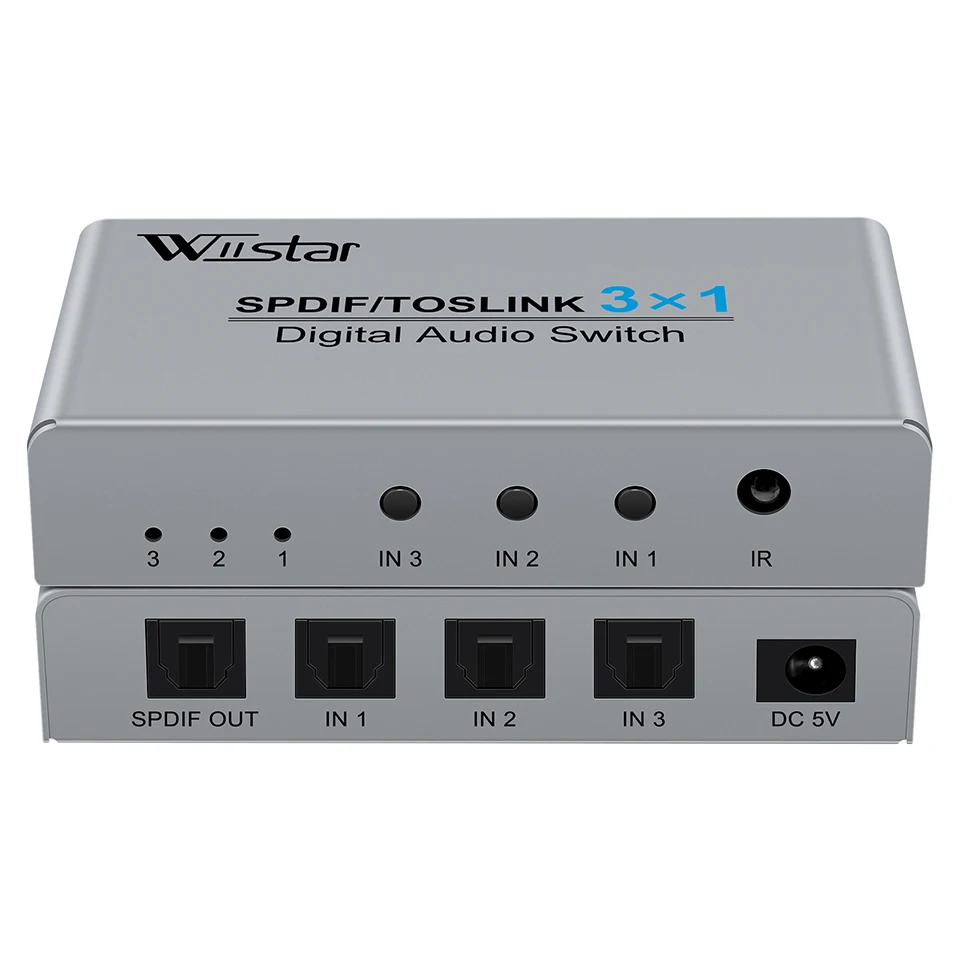 Wiistar 3 Port Optical Switcher with 3 way Spdif Toslink Optical Digital Audio Splitter 3 In 1 Out With IR Remote Control