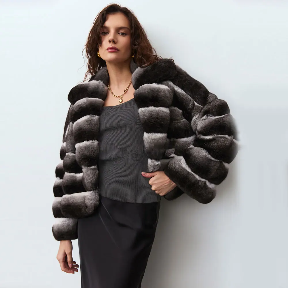 New Luxury Women Real Rex Rabbit Fur Coat Chinchilla Lapel Thick Jacket Winter Elegant Natural Genuine Fur Warm Overcoat