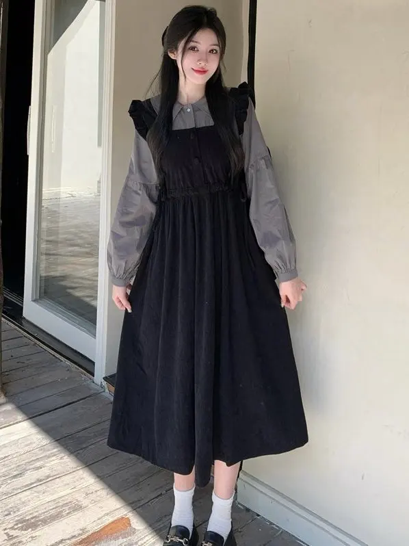 

Sweet Ele plus Size Women's Long Sve Dr Bla Slimming A-Line High Waist Leisure Casual Sle Polyester Fiber Dr