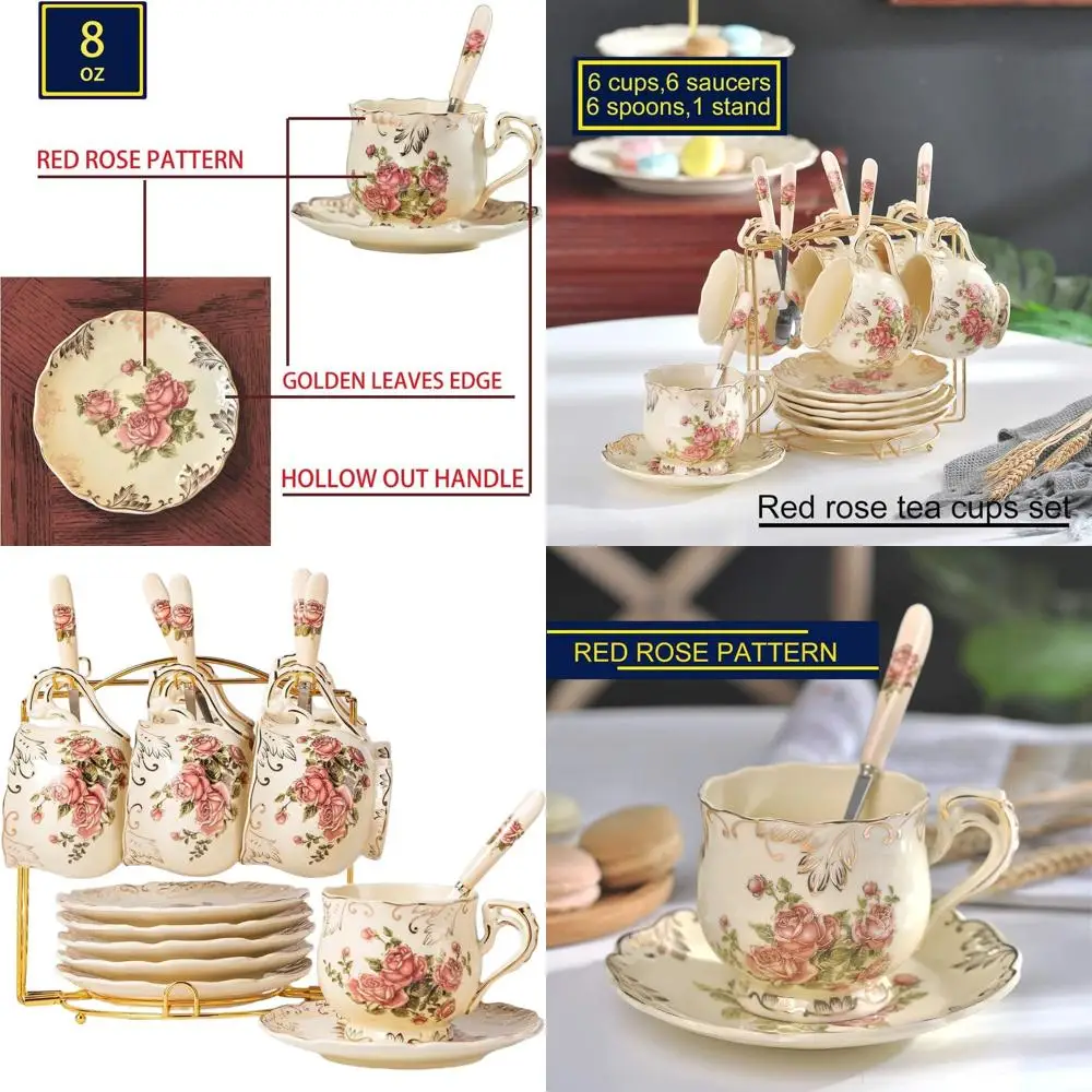 

6-Piece Pink Rose Vintage Porcelain Teacup and Saucer Set with Rack