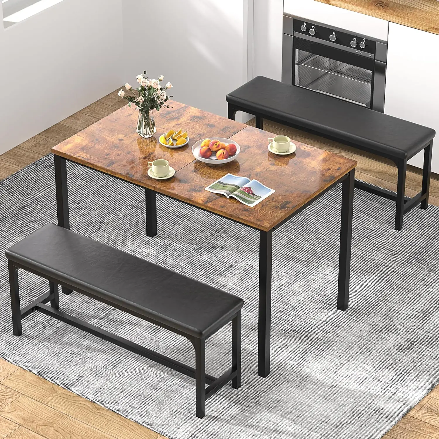 Vecelo-Mesa de cozinha extensível com bancos e cadeiras, Conjunto de sala de jantar, Pequeno, Moderno, Pequeno-almoço, 4 6 2, 63 in, 3 PCs