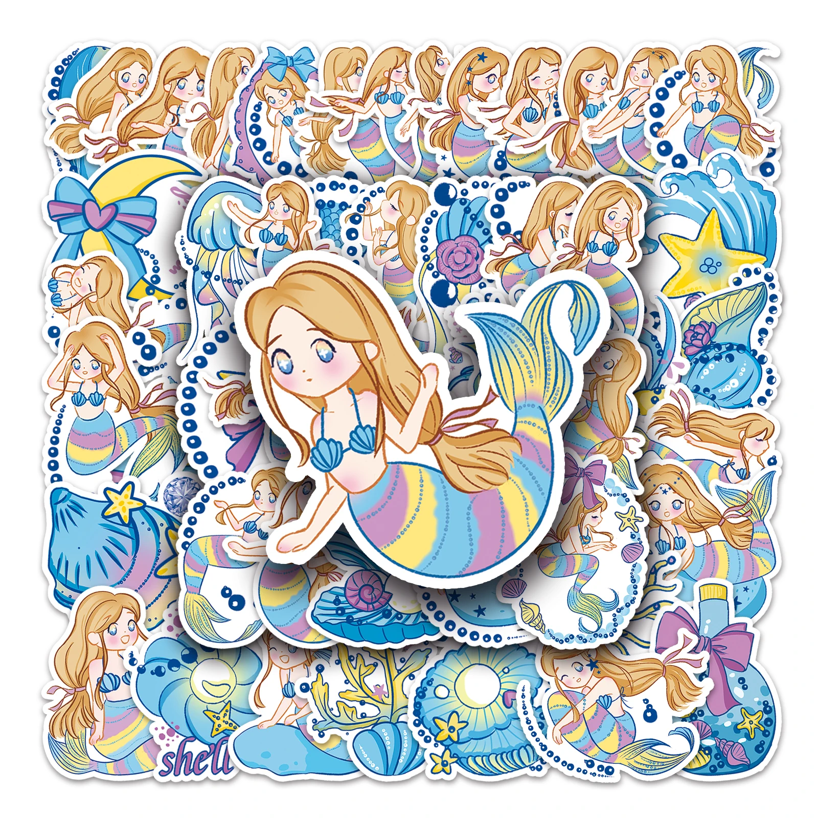50Pcs Little Girl Fish Series Cartoon Cute Waterproof Sticker Skateboarding Snowboard Retro Vinyl home decal Sticker