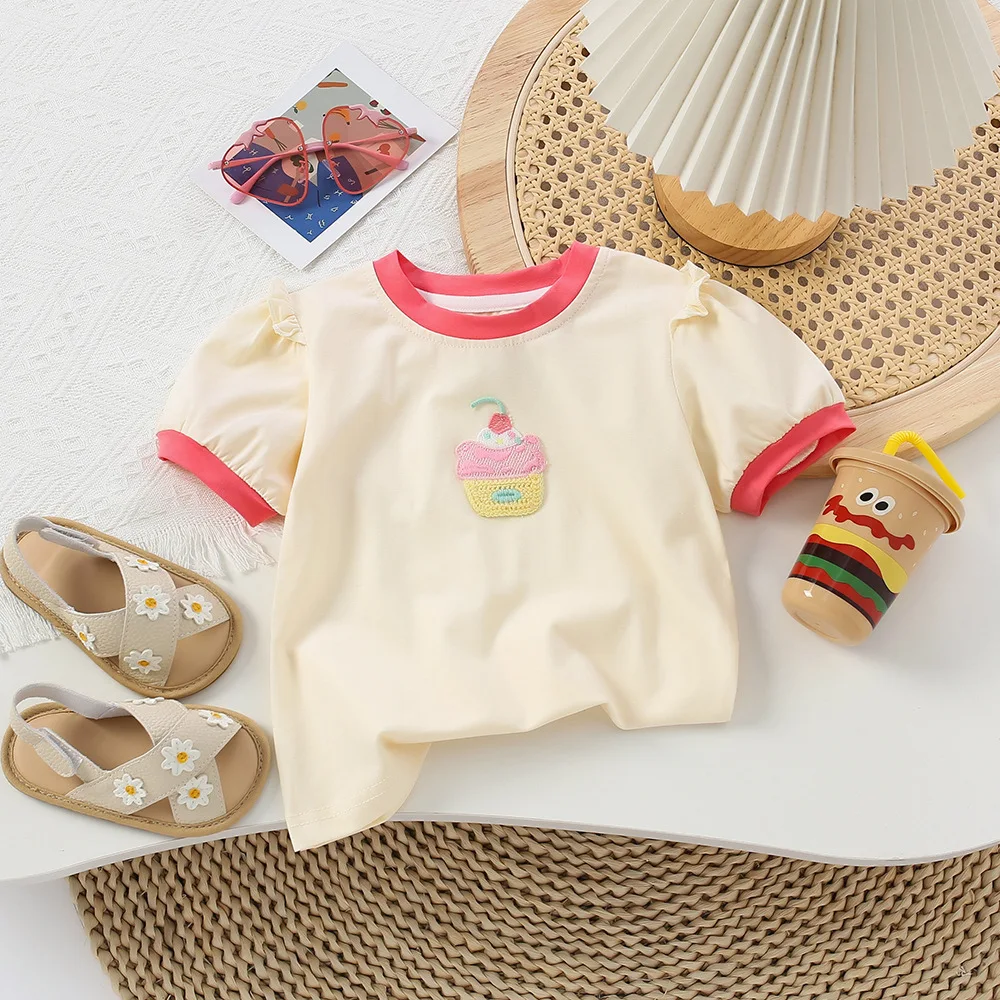 Girls T-Shirts 2023Ice Cream Appliques Infant Girl Clothes Short Sleeve Tops T shirt For kids Girl 1-6Years Kids Items For Girls