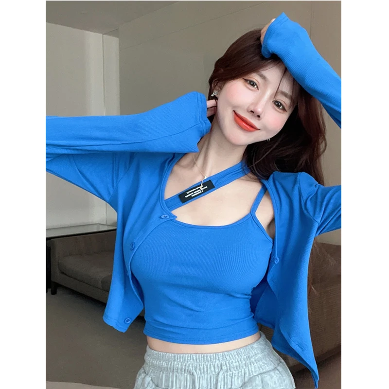 KUSAHIKI Spicy Girl Sexy Skew Collar Halter Vest Slim Two Pieces Sets Women Autumn Long Sleeve O-neck Cardigan Shirt Coat 2023