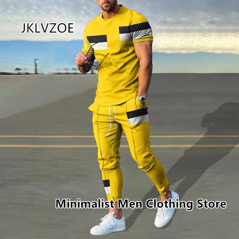 Zomersportpak Effen Kleur Korte Mouw T-Shirt Lange Broek Sets Heren Trainingspak K Print Casual Trend Oversized Kleding