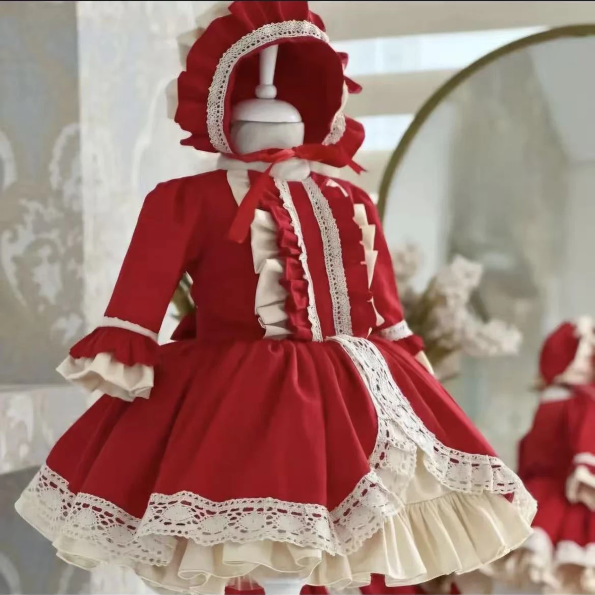 0-12Y Baby Girl Autumn Winter Red Vintage Princess Dress for Birthday Photography Holiday Eid Christmas C355