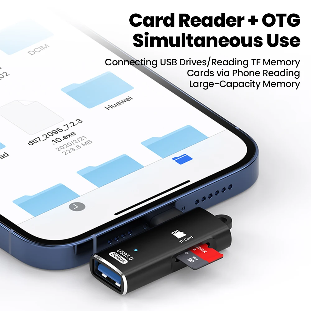2-in-1 Type C Dual-function OTG Card Reader Adapter TF Card Reader USB3.0 High Speed Transfer Card Reader for iphone 15 16