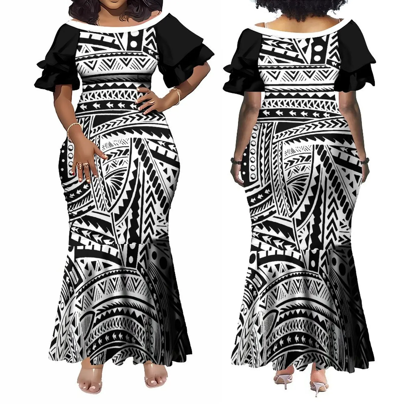 Fashion Women'S Short Sleeve Dress Polynesian Tribe Custom Hd Pattern High Quality Samoan Fishtail Dress