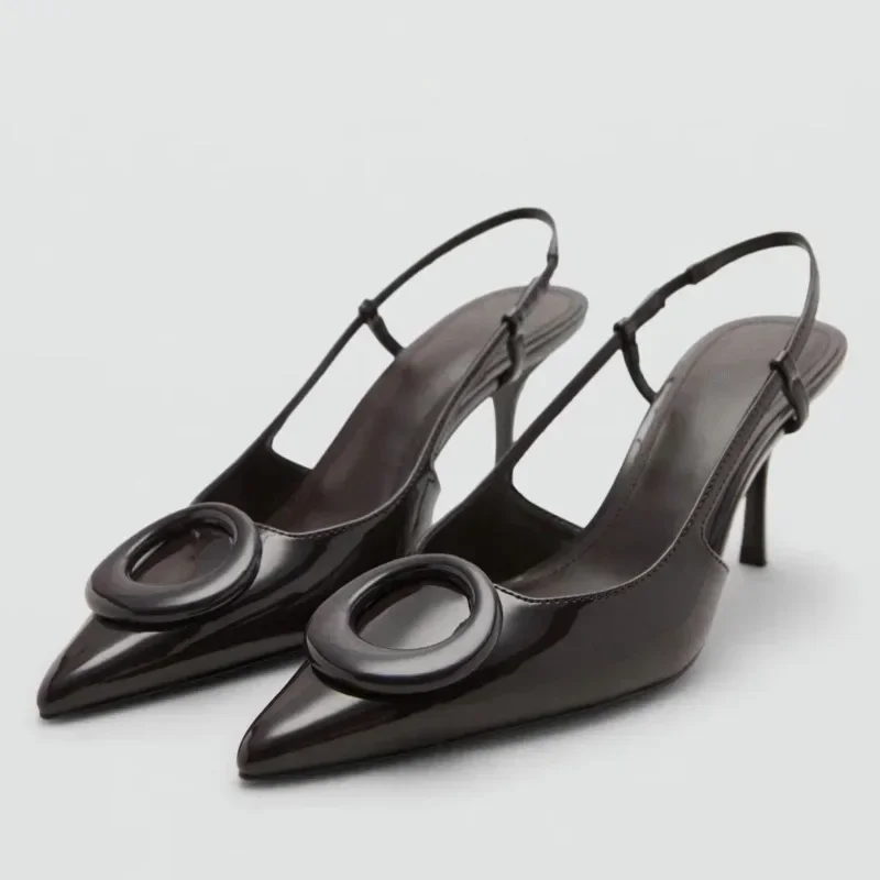 

Sexy Brown Patent Leather Pumps Women Fashion Pointed Toe Round Buckle Decoration Slingback Sandals Elegant Banquet Dress Shoes